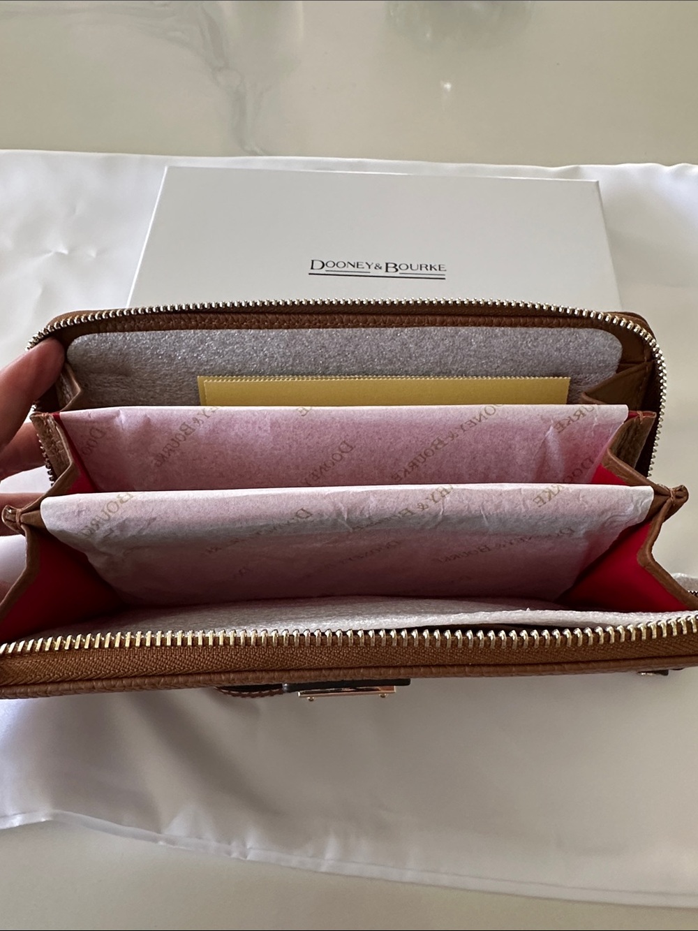 Dooney & Bourke Brown Pebbled Leather Zip Wristlet with Gold Plaque - Picture 2 of 7